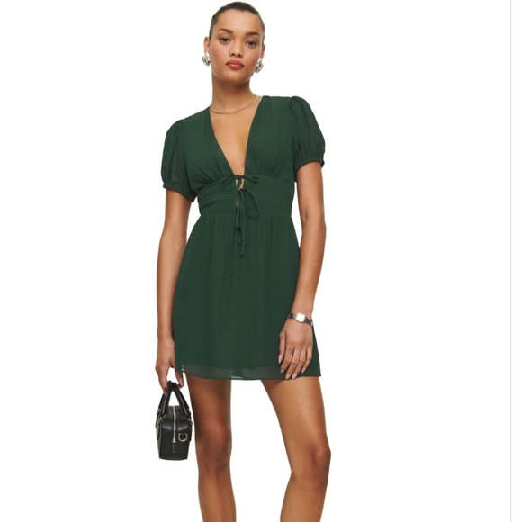 Reformation Grady Deep V Neck Puff Sleeves Mini Dress In Forest Size 4 Women's - Picture 1 of 11